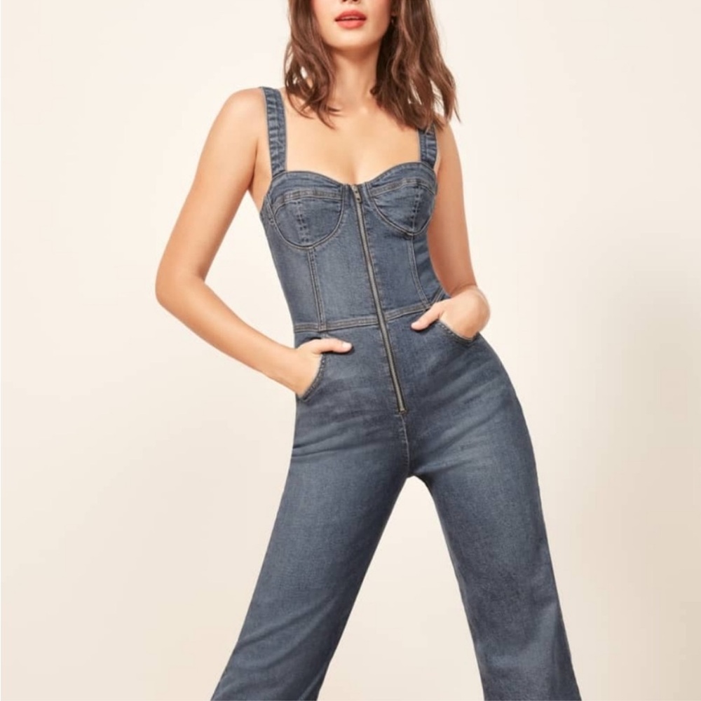 NWT Reformation Kona denim wide leg jumpsuit in rhine size 0